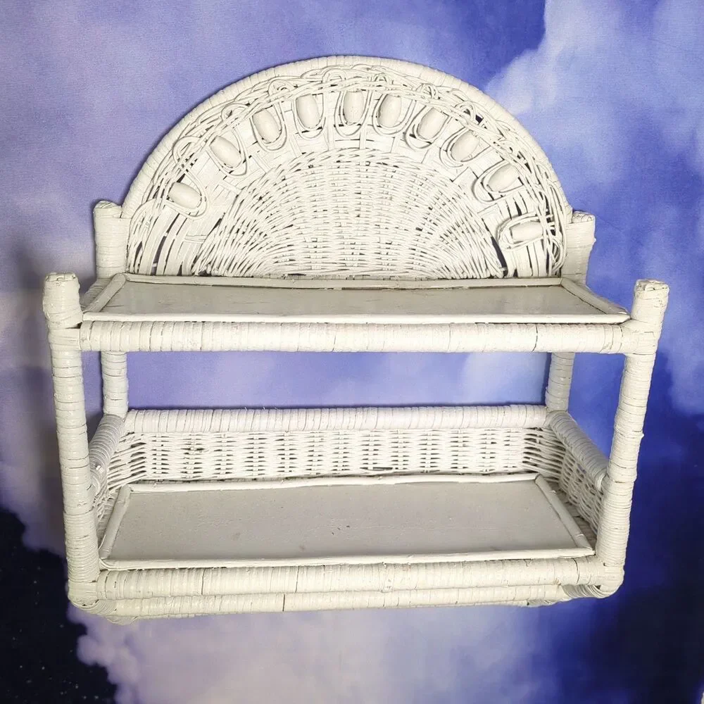 Vintage White Wicker Rattan Hanging Wall Shelf Boho Cottagecore Peacock Style